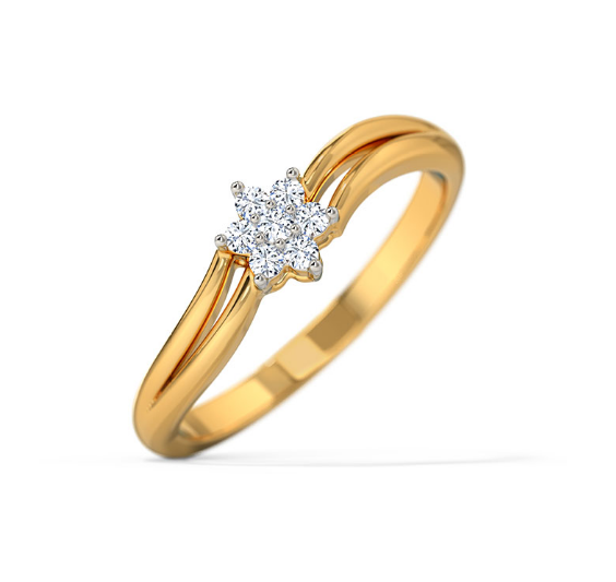 Gold ring with a diamond flower-shaped center on a white " lab grown diamond in hyderabad "background