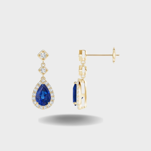 Pear Sapphire Halo Diamond Drop Earrings