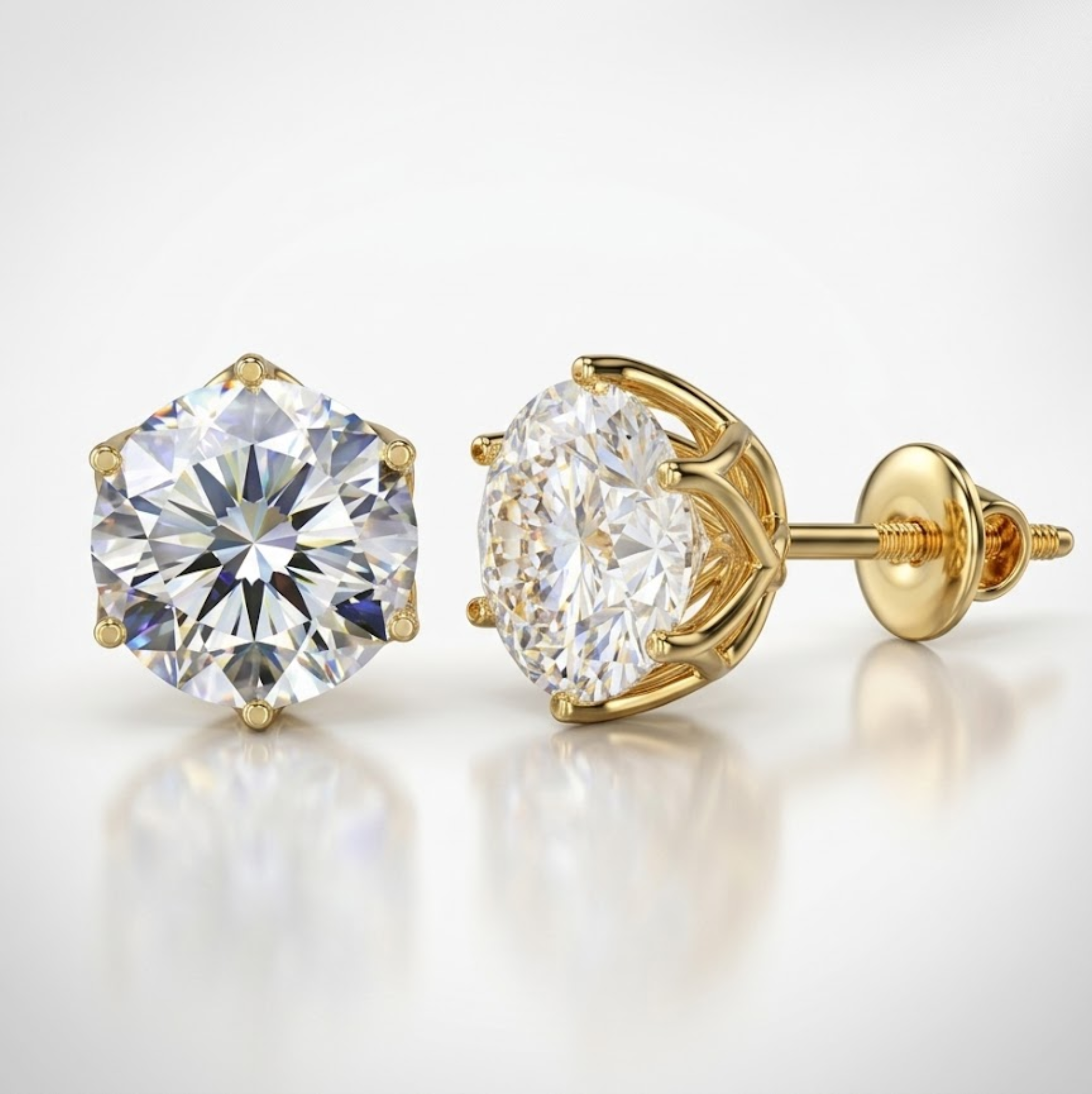 Gold diamond stud earrings on a light gray background lab grown diamond in Hyderabad