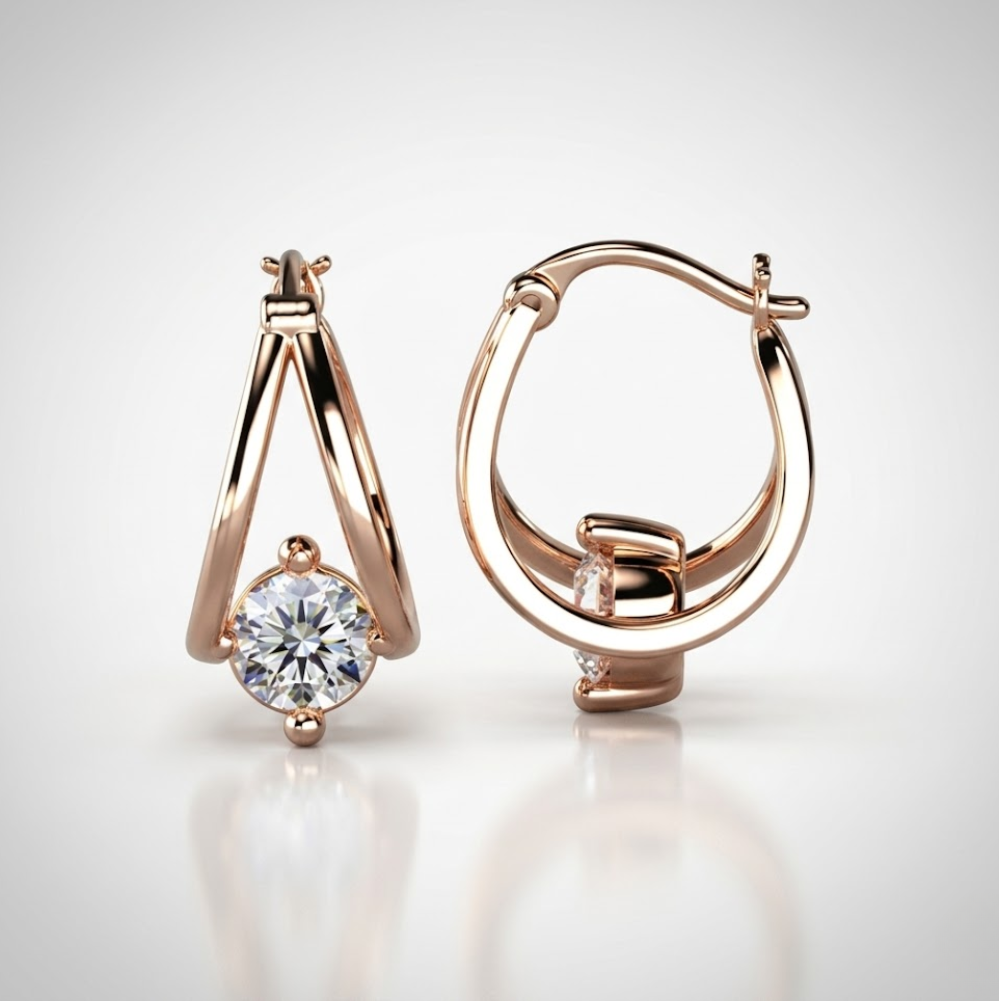 Rose gold hoop earrings with clear gemstones on a light gray background, lab grown diamond in Hyderabad