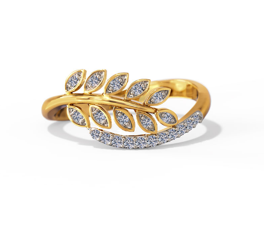 Gold ring with diamond leaves on a white background , lab grown diamond in hyderabad