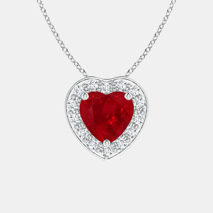 Heart-Shaped Ruby Pendant with Diamond Halo
