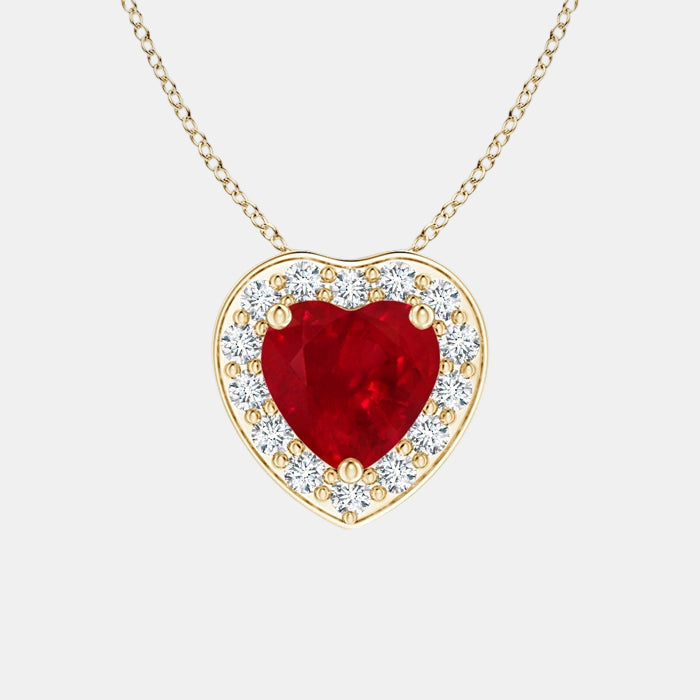 Heart-Shaped Ruby Pendant with Diamond Halo