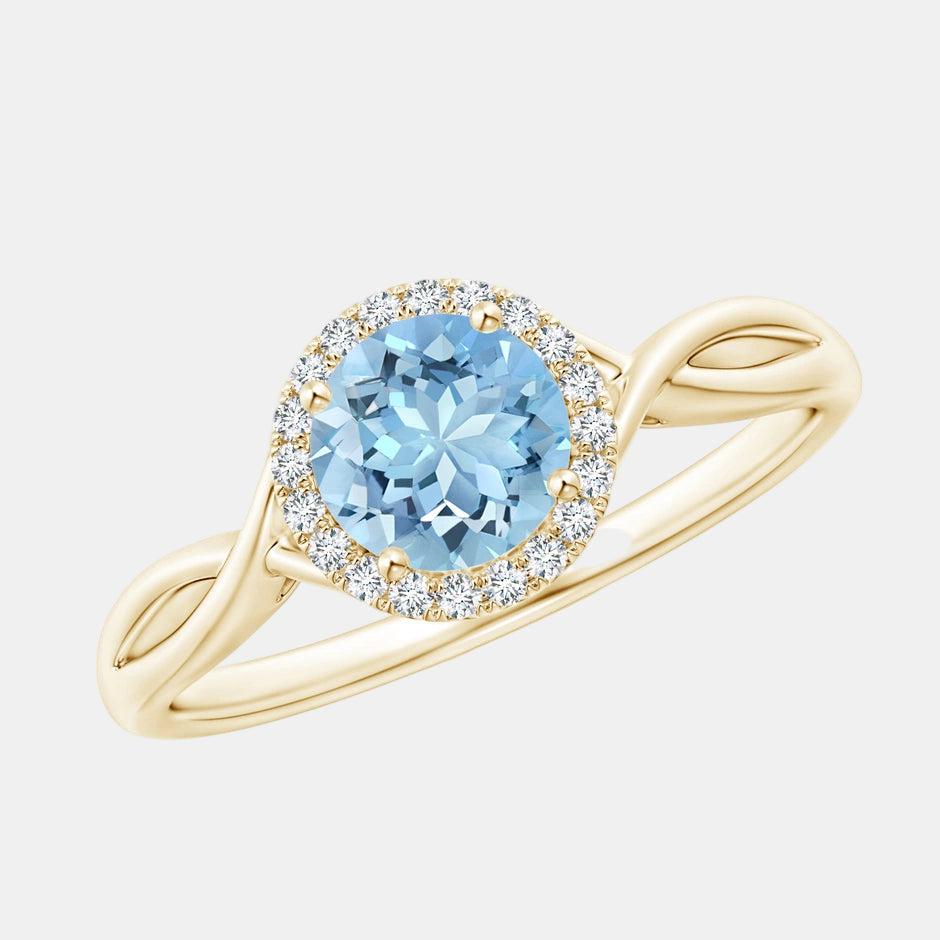 Round Aquamarine Halo Ring with Criss Cross Shank