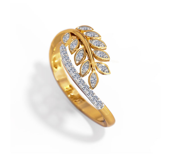 Gold ring with diamond leaf design on a white background, lab grown diamond in hyderabad