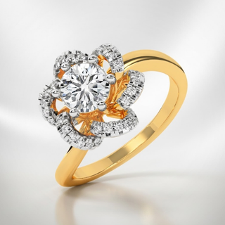 Gold ring with diamond flower design on a light gray background, lab grown diamond in hyderabad