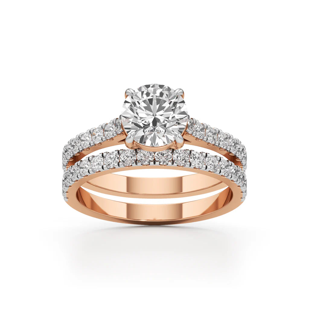 Round Diamond with Double Pave Band Wedding Set
