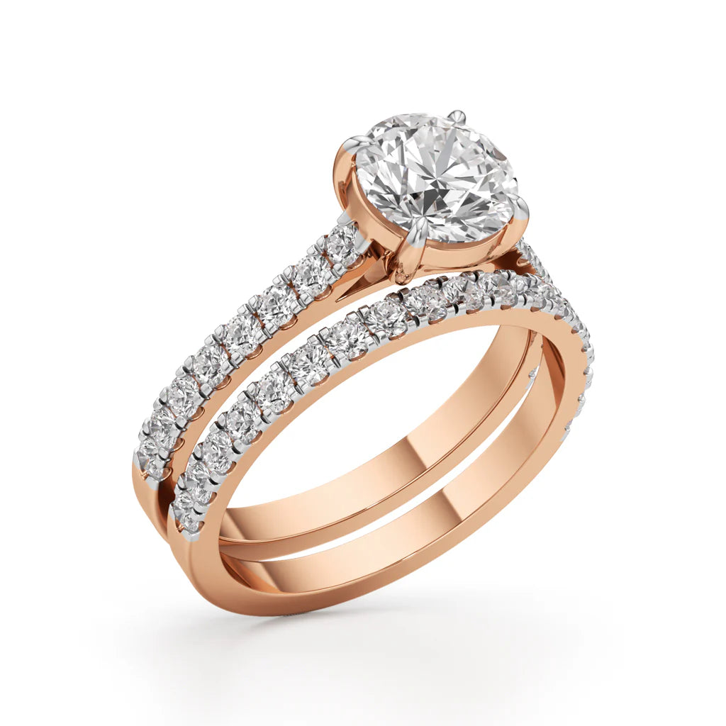 Round Diamond with Double Pave Band Wedding Set