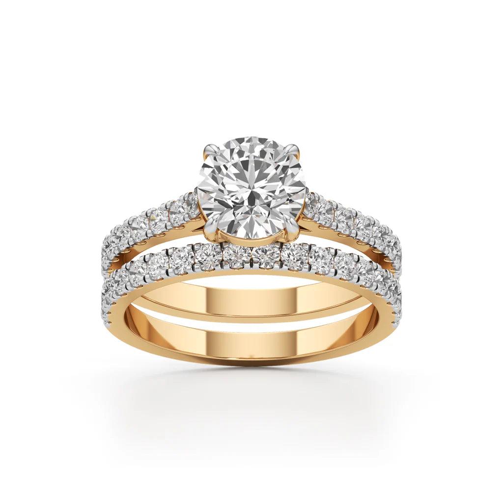 Round Diamond with Double Pave Band Wedding Set