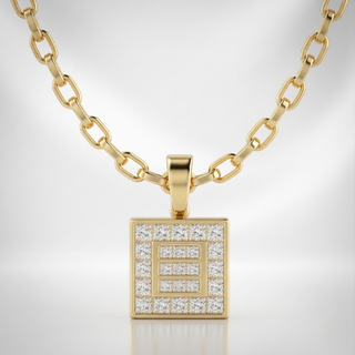 Gold necklace with a square pendant featuring diamonds on a light gray background, lab grown diamond in hyderabad