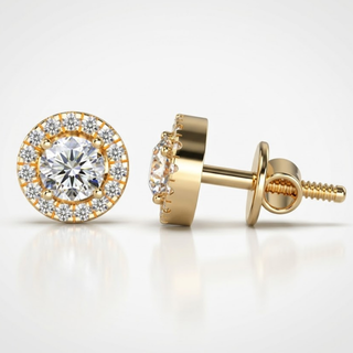 Gold earrings with clear gemstones on a white background, lab grown diamond in hyderabad