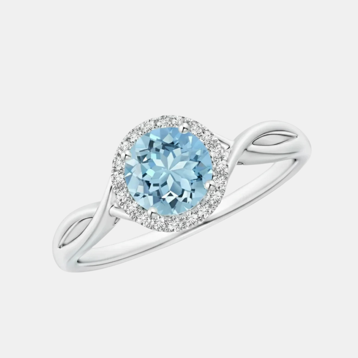 Round Aquamarine Halo Ring with Criss Cross Shank