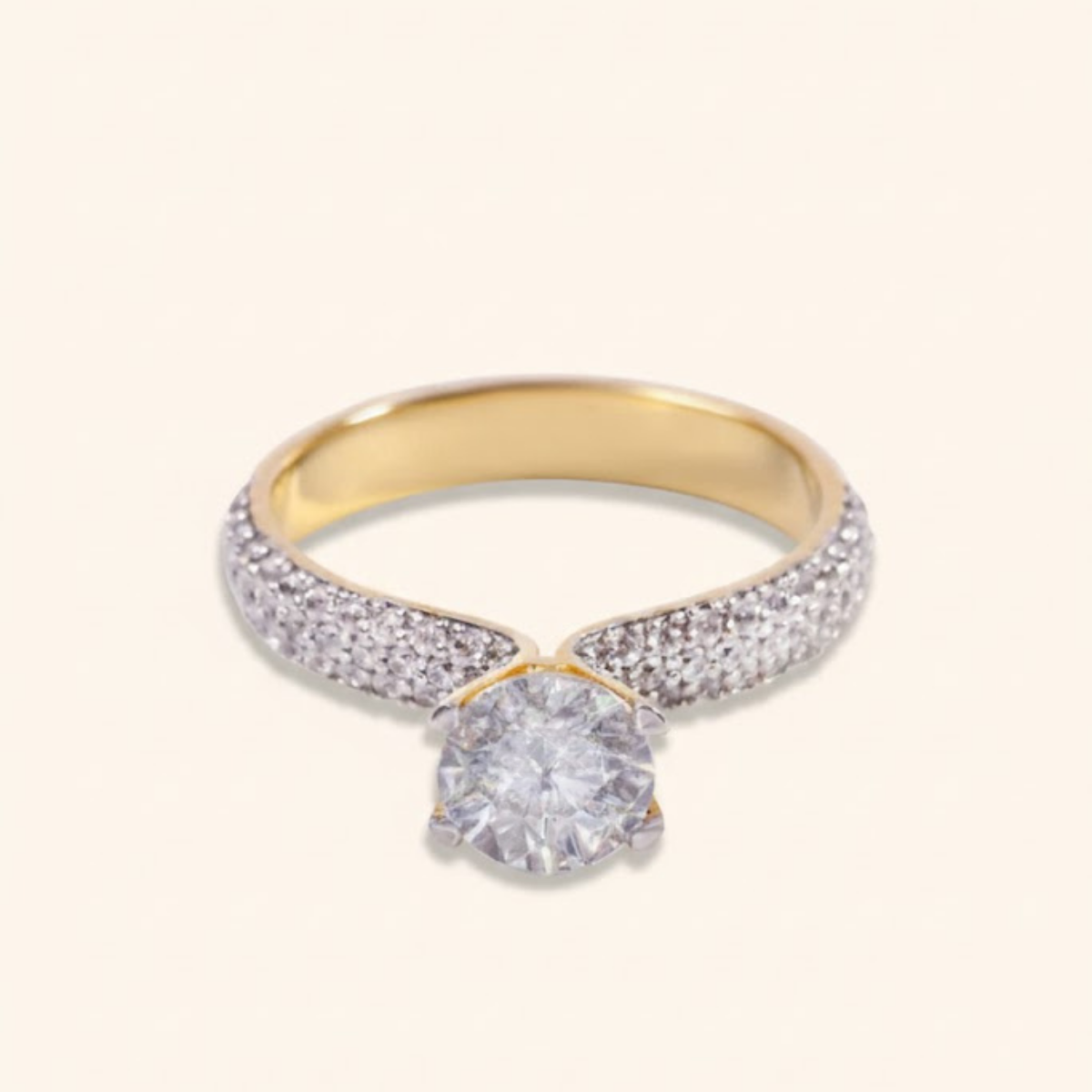 AURORA TRIPLE PAVE RING WITH A ROUND SOLITAIRE