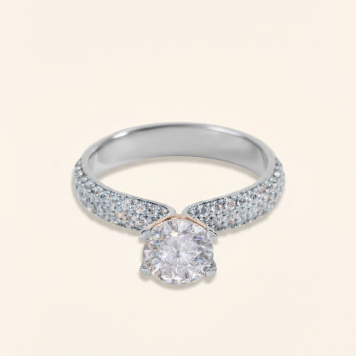 AURORA TRIPLE PAVE RING WITH A ROUND SOLITAIRE