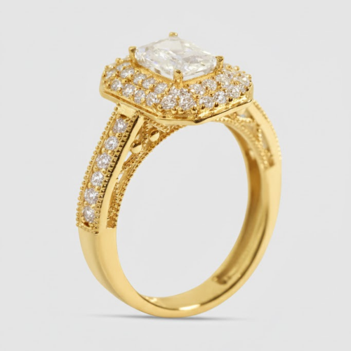 Celestina Double Studded Halo & Pave Ring with Emerald Solitaire