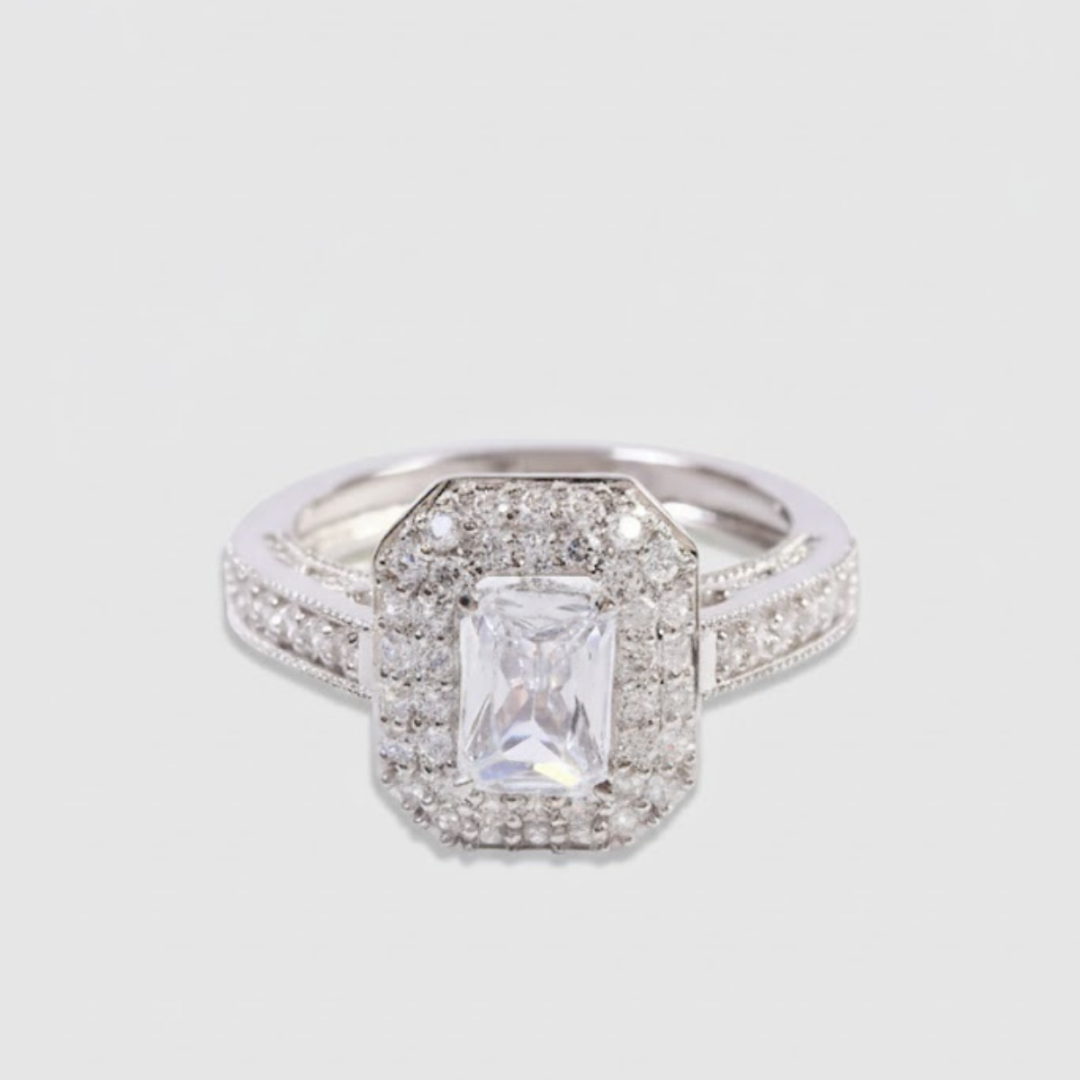 Celestina Double Studded Halo & Pave Ring with Emerald Solitaire