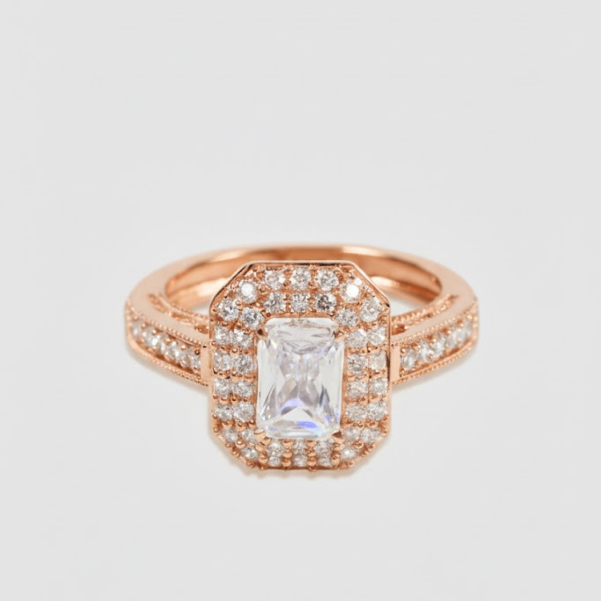 Celestina Double Studded Halo & Pave Ring with Emerald Solitaire