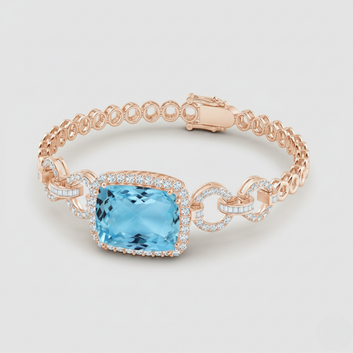 Rectangular Cushion Aquamarine Multi-Link Bracelet With Halo