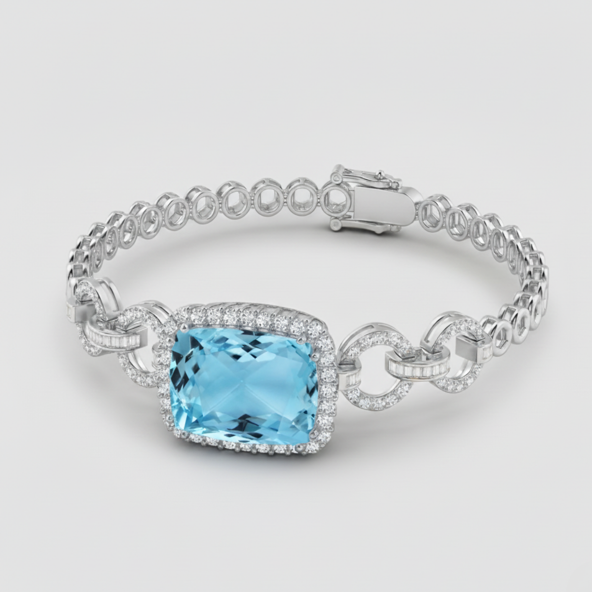 Rectangular Cushion Aquamarine Multi-Link Bracelet With Halo