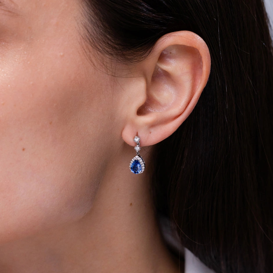 Pear Sapphire Halo Diamond Drop Earrings