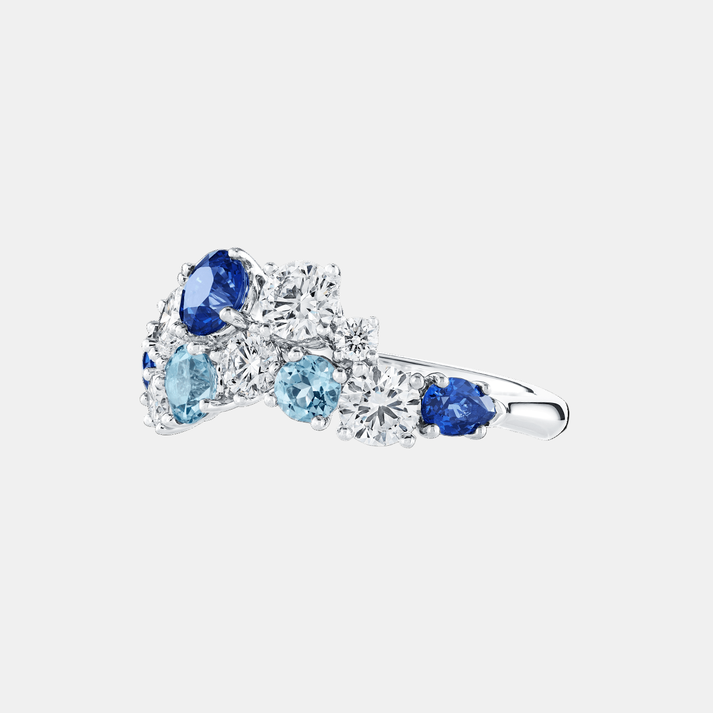 Sparkling Cluster Sapphire, Aquamarine and Diamond Ring