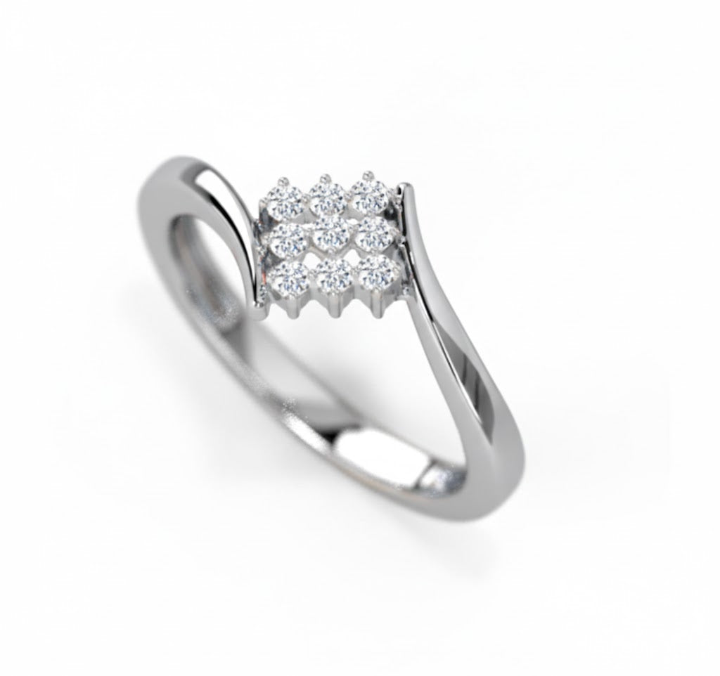 Silver ring with a small diamond cluster on a white background, lab grown diamond in hyderabad