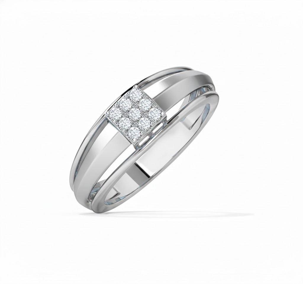 Silver ring with diamond accents on a white background, lab grown diamond in hyderabad
