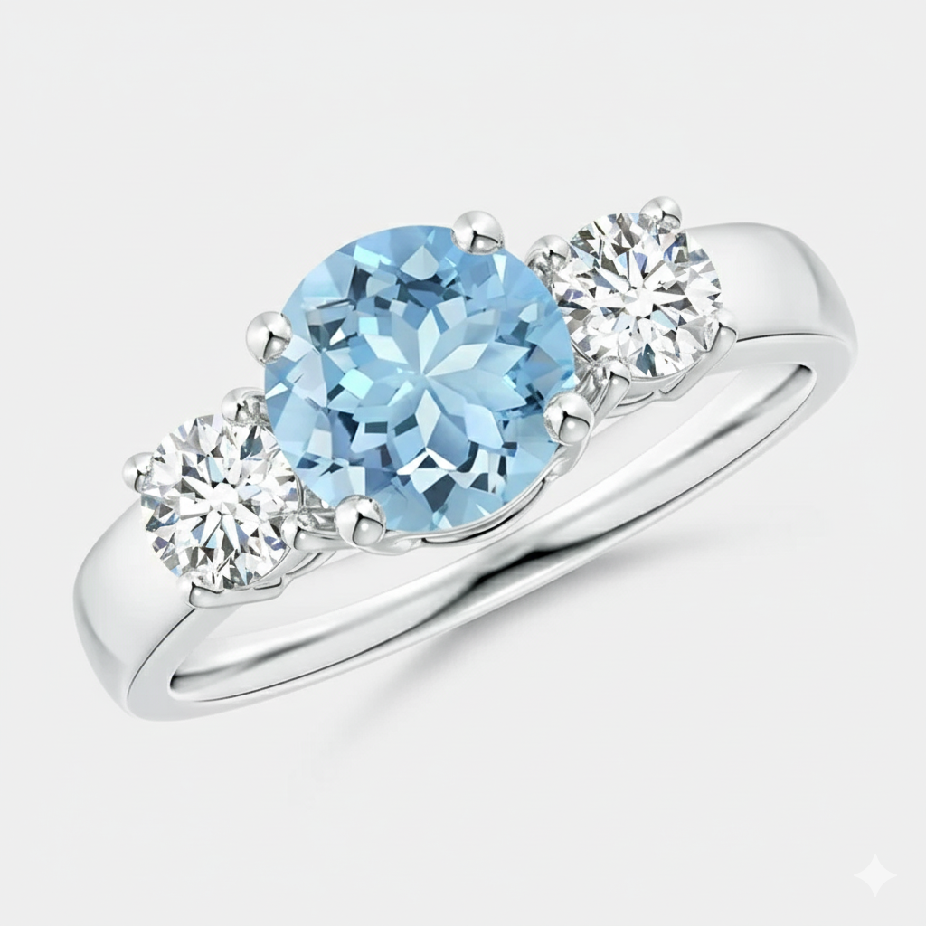 Aquamarine and Diamond 3 Wedding Ring