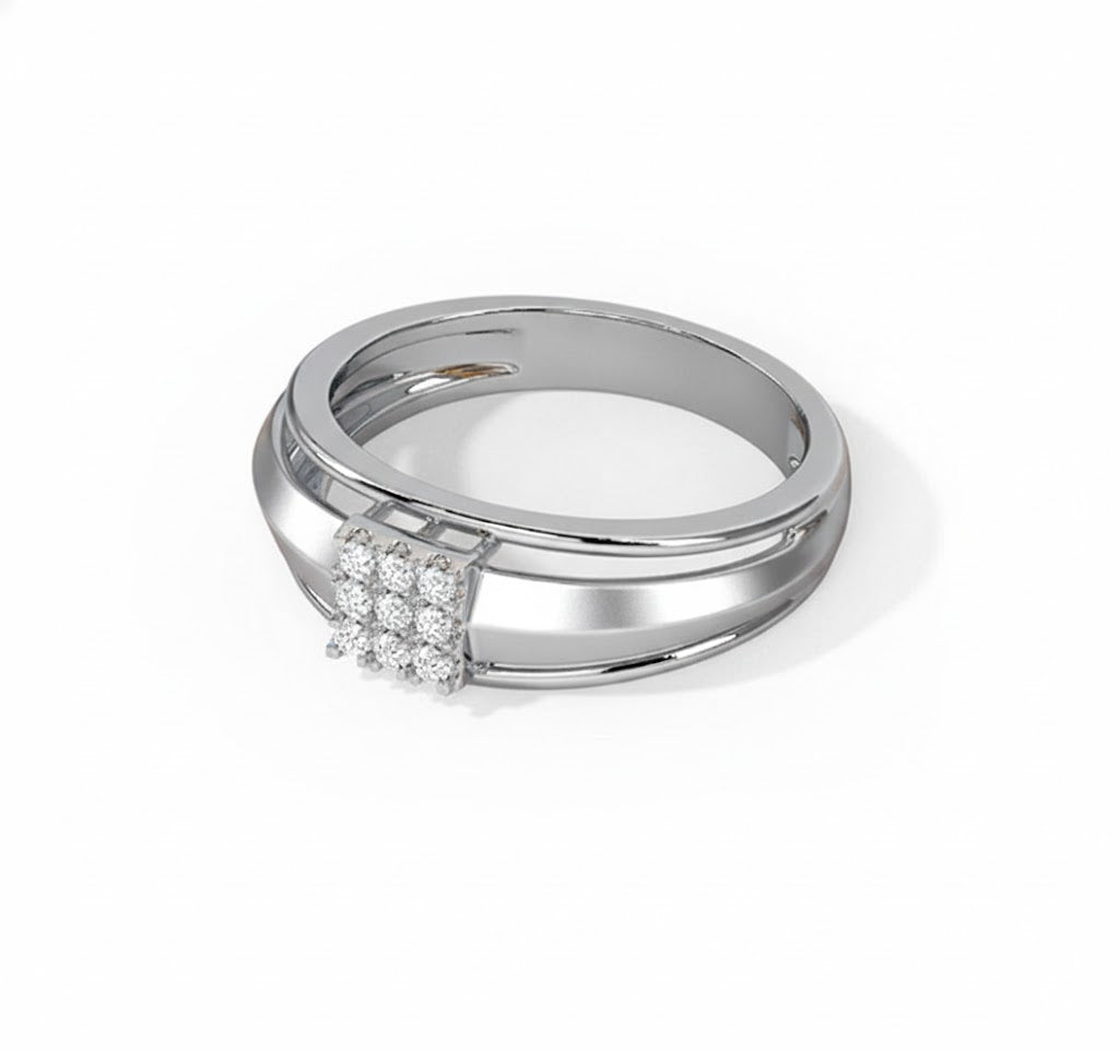 Silver ring with embedded diamonds on a white background , lab grown diamond in hyderabad