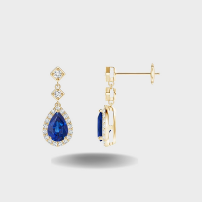 Pear Blue Sapphire Drop Earrings with Diamond Halo