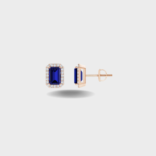 EMERALD-CUT SAPPHIRE STUD EARRINGS WITH DIAMOND HALO