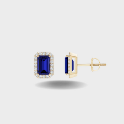 EMERALD-CUT SAPPHIRE STUD EARRINGS WITH DIAMOND HALO