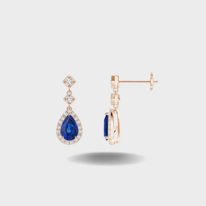 Pear Blue Sapphire Drop Earrings with Diamond Halo