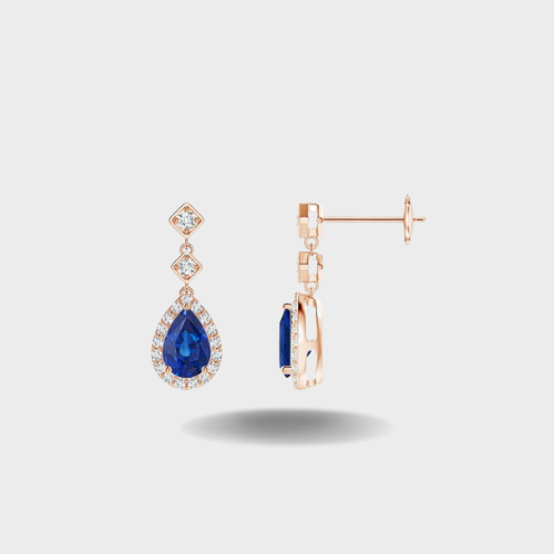 Pear Blue Sapphire Drop Earrings with Diamond Halo