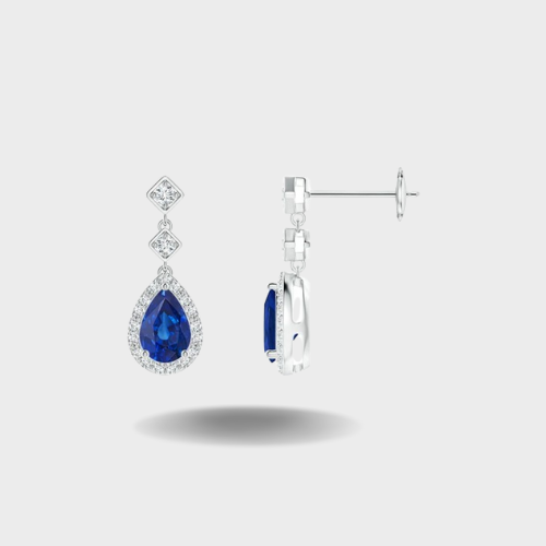 Pear Blue Sapphire Drop Earrings with Diamond Halo