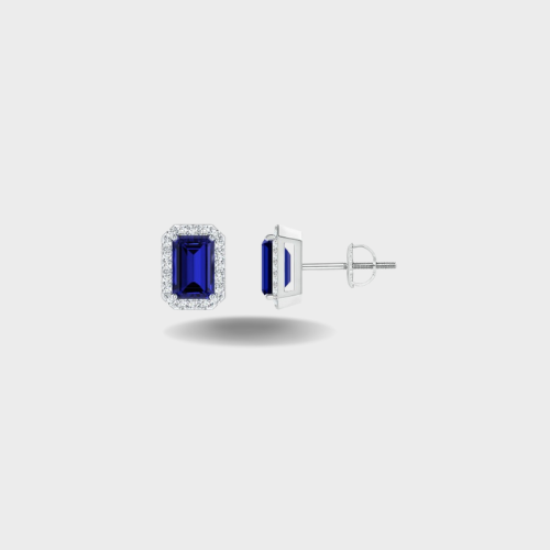 EMERALD-CUT SAPPHIRE STUD EARRINGS WITH DIAMOND HALO