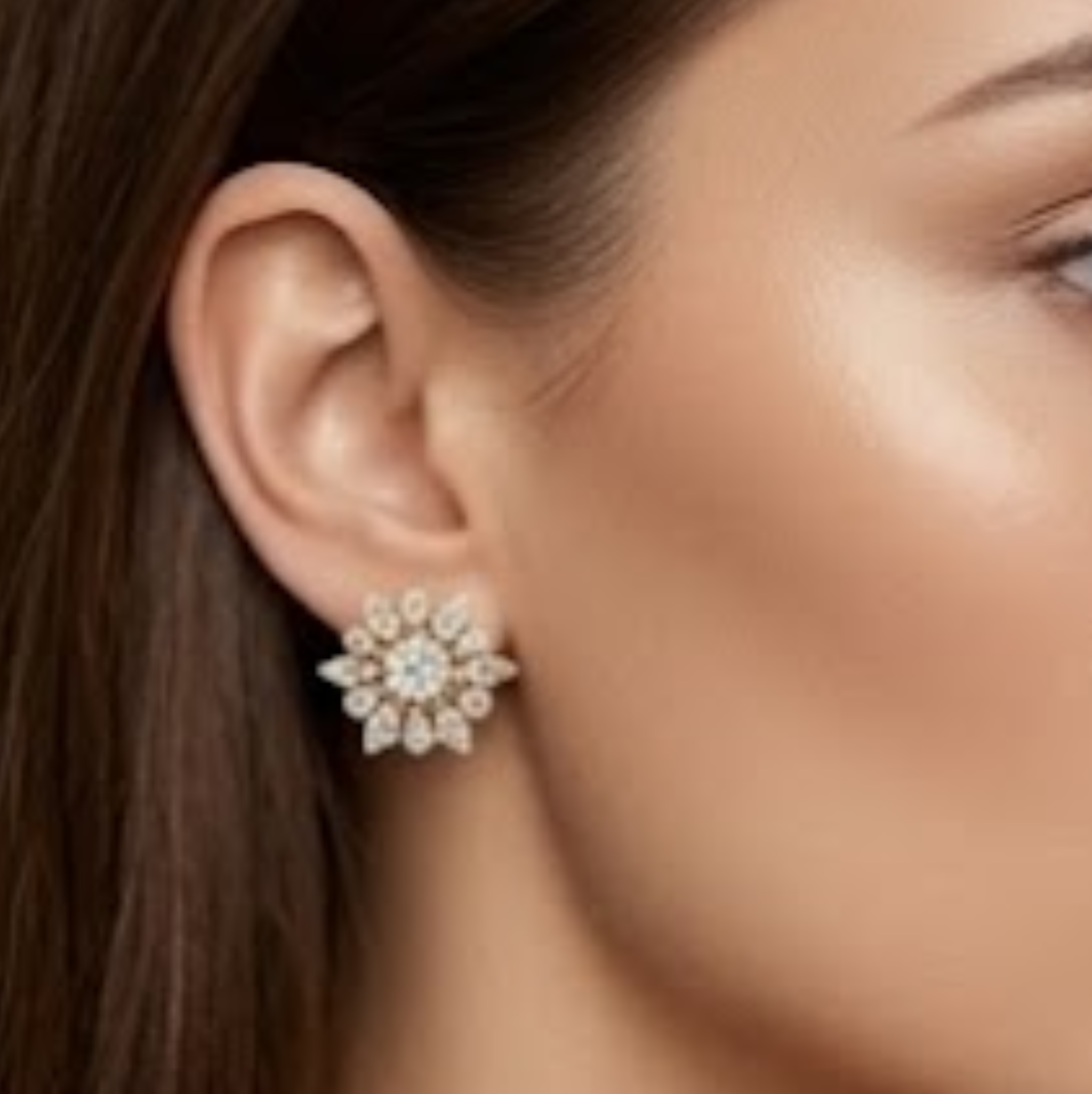 Close-up of a woman wearing a floral earring. lab grown diamond in Hyderabad