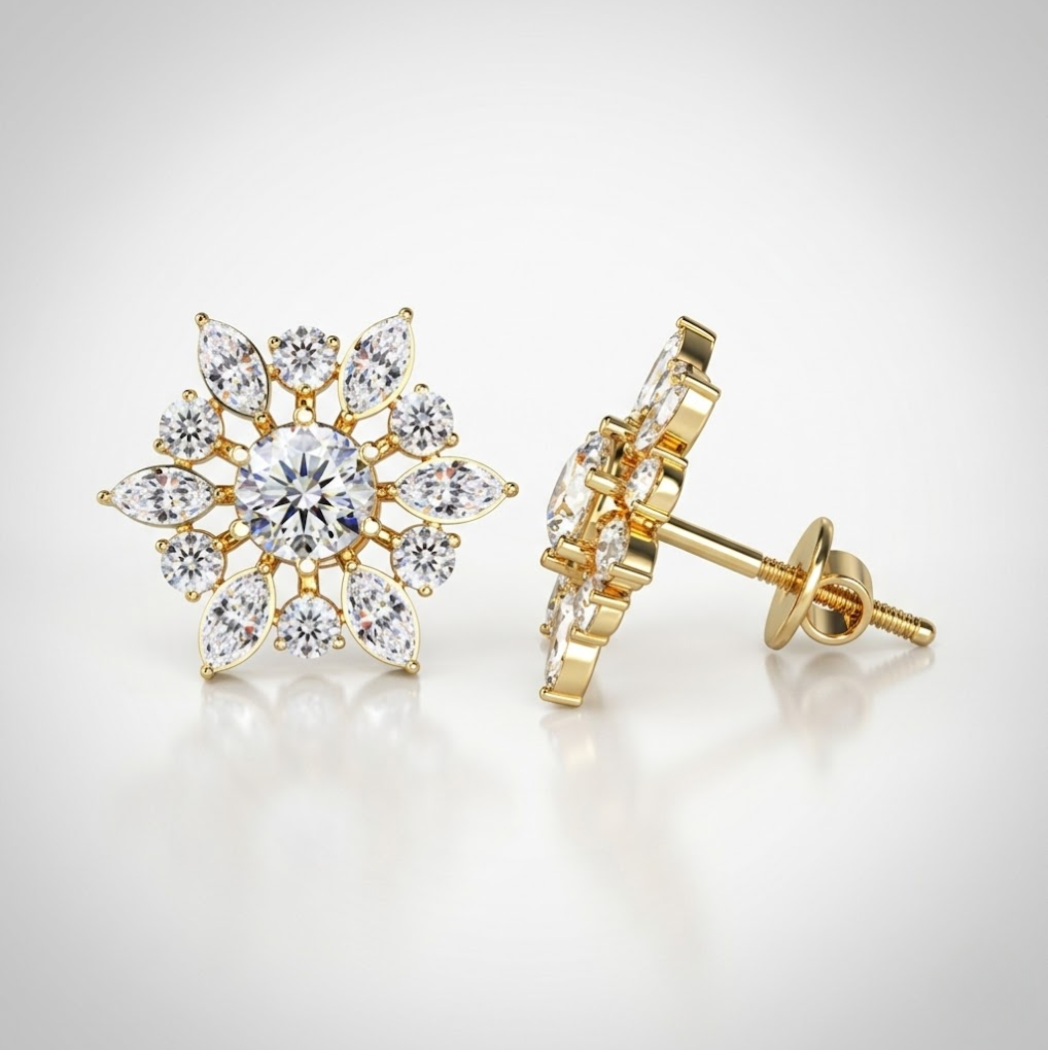 Gold earrings with clear gemstones on a light gray background, lab grown diamond in Hyderabad