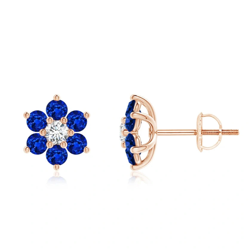 Six Petal Diamond and Sapphire Flower Stud Earrings