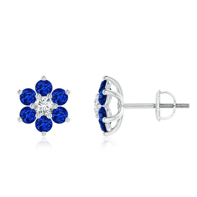 Six Petal Diamond and Sapphire Flower Stud Earrings