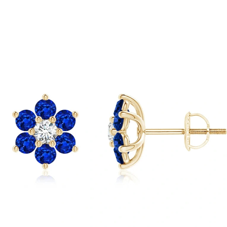 Six Petal Diamond and Sapphire Flower Stud Earrings