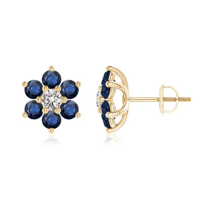 Six Petal Diamond and Sapphire Flower Stud Earrings