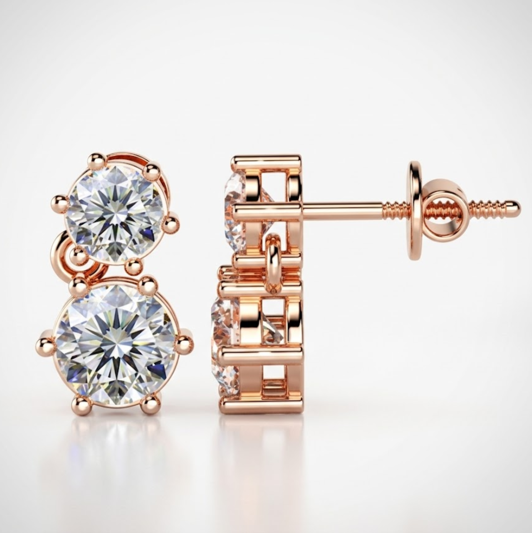 Rose gold earrings with clear gemstones on a light gray background, lab grown diamond in Hyderabad