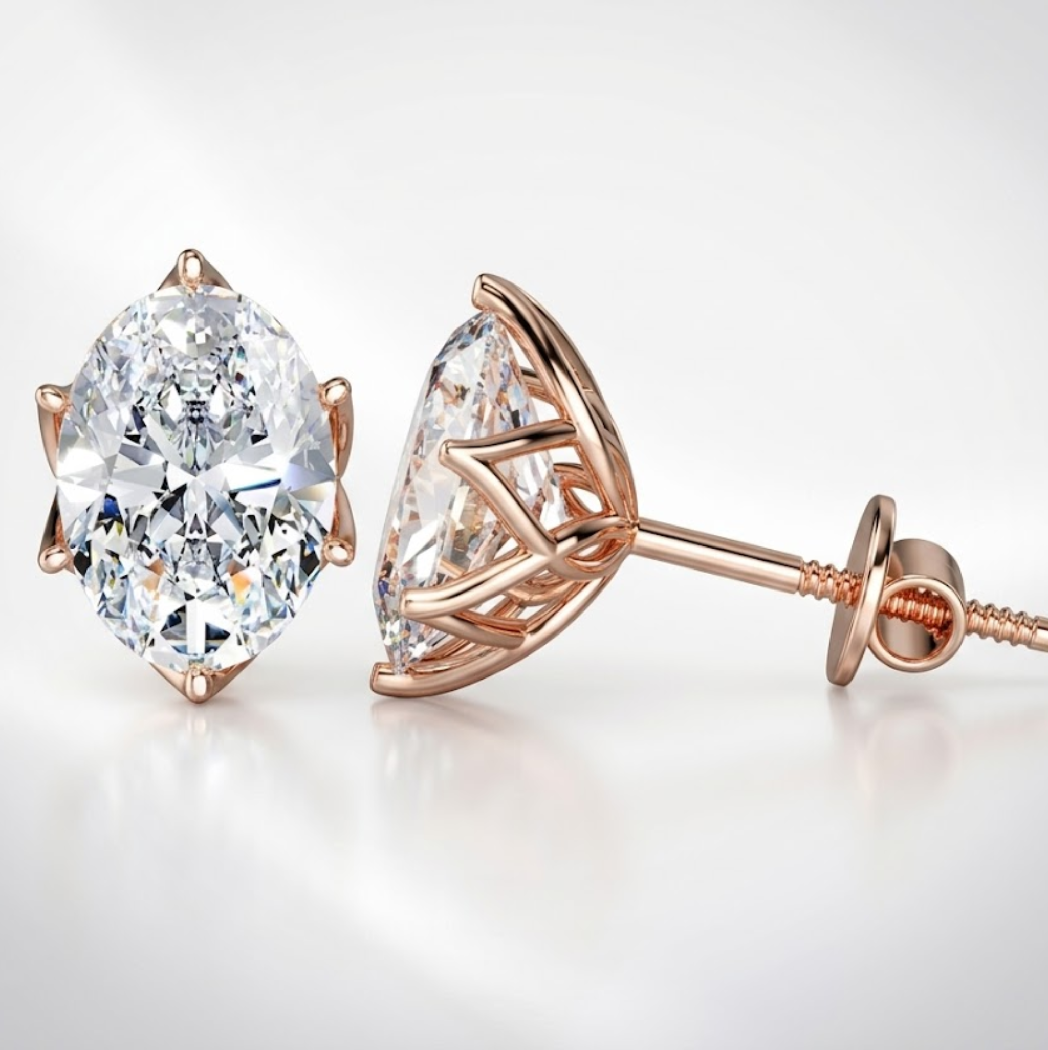 Rose gold diamond earrings on a light background, lab grown diamond in Hyderabad