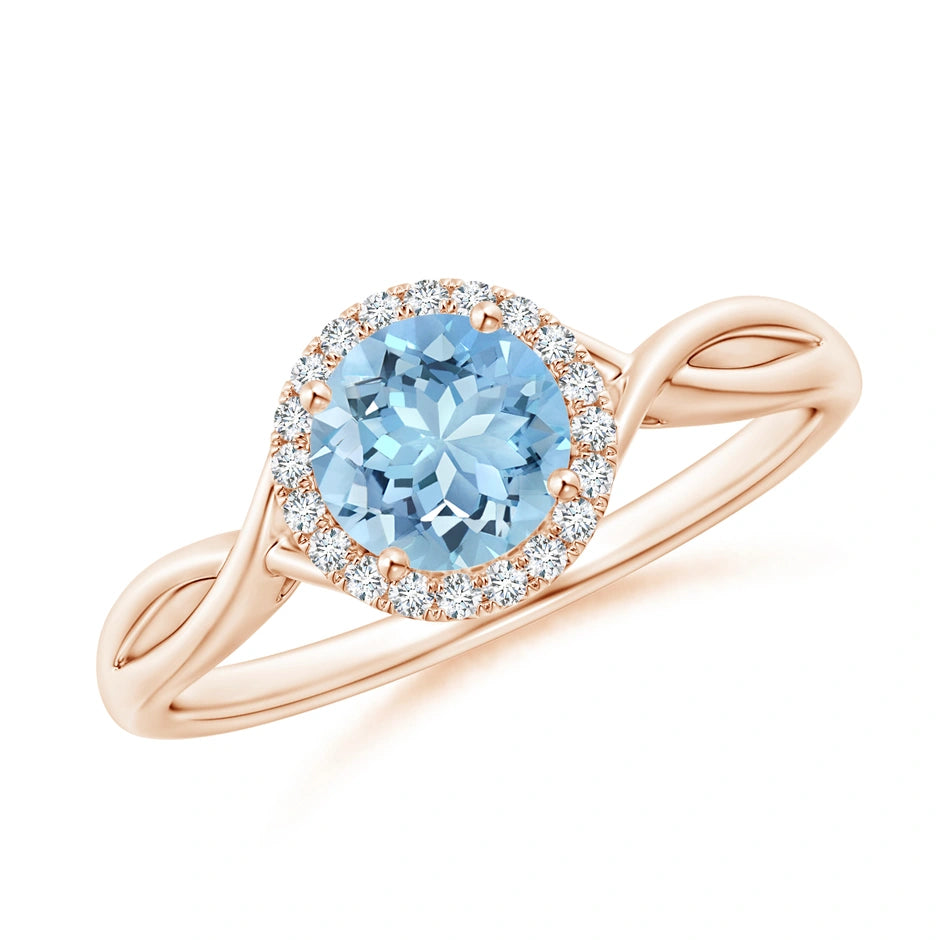 Round Aquamarine Halo Ring with Criss Cross Shank