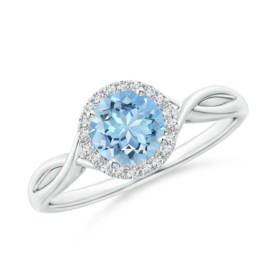 Round Aquamarine Halo Ring with Criss Cross Shank