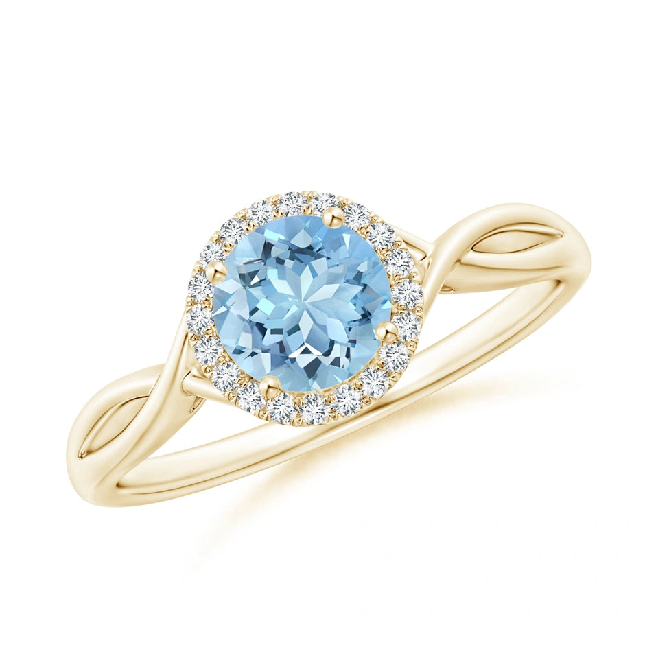 Round Aquamarine Halo Ring with Criss Cross Shank