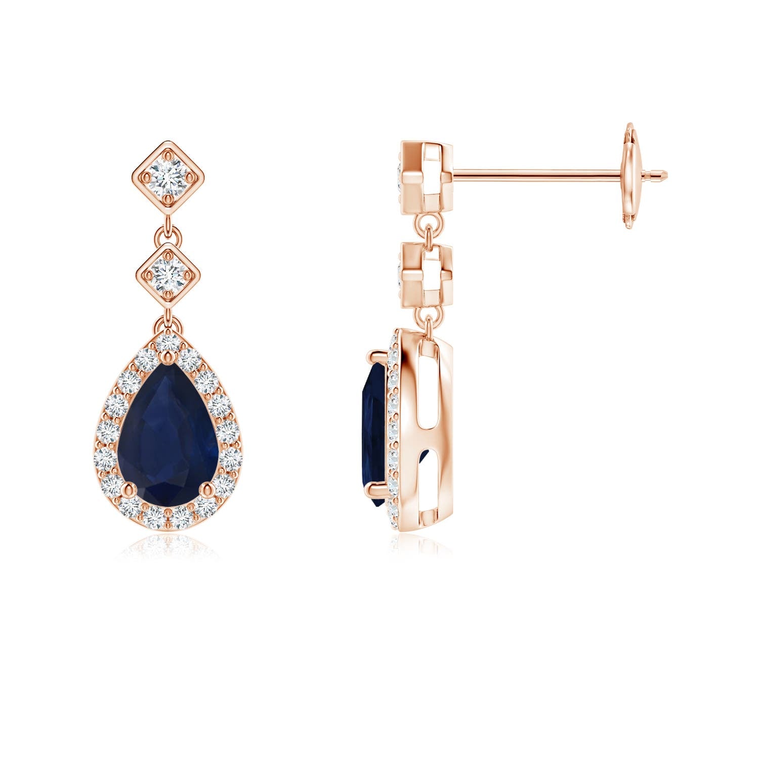 Pear Blue Sapphire Drop Earrings with Diamond Halo