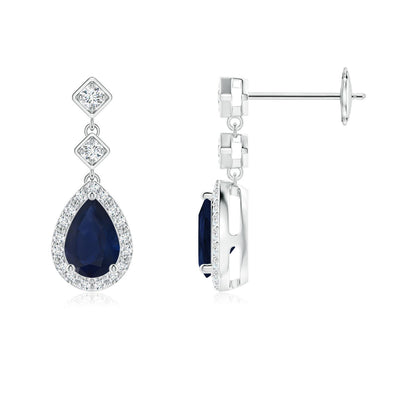 Pear Blue Sapphire Drop Earrings with Diamond Halo