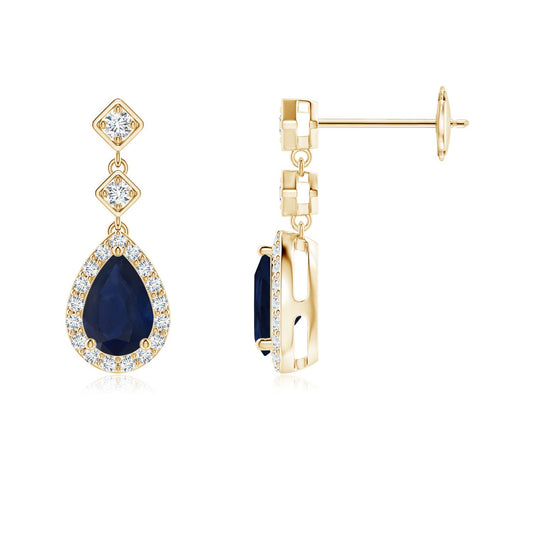 Pear Blue Sapphire Drop Earrings with Diamond Halo